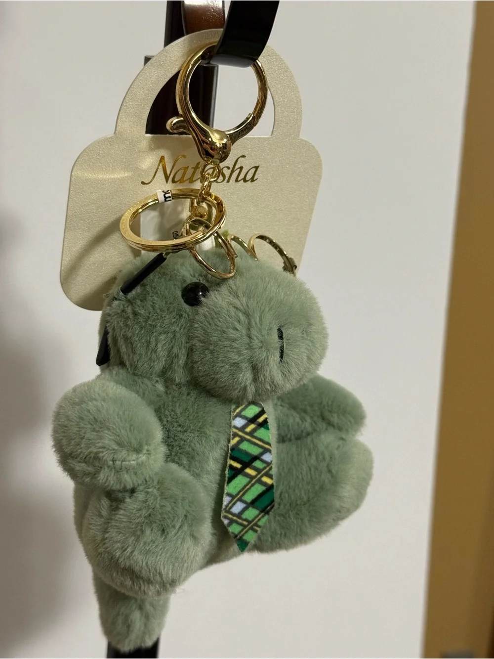 Plush Green Scholarly Dinosaur Glasses & Plaid Tie Handbag Charm/Key Ring - New